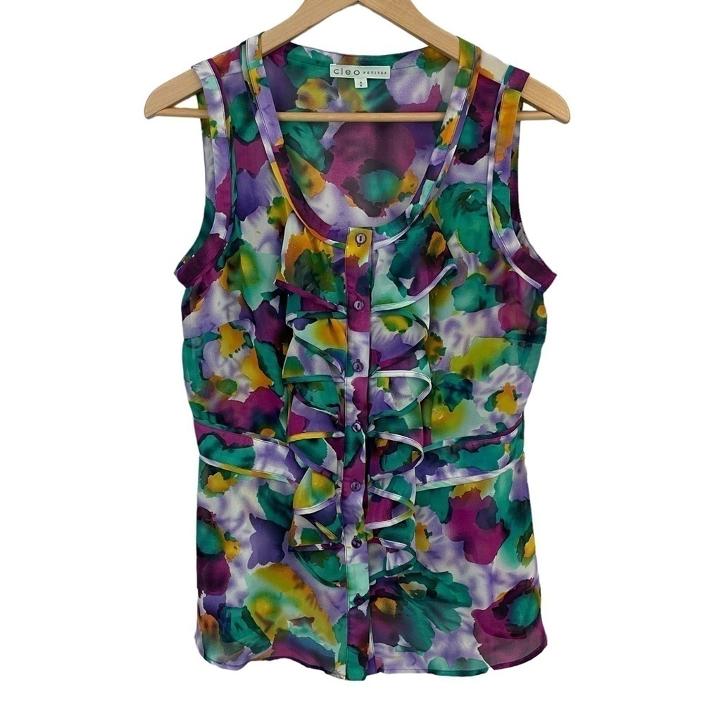 Cleo Vibrant Sleeveless Blouse Womens M Petite Colourful Ruffle Office Business